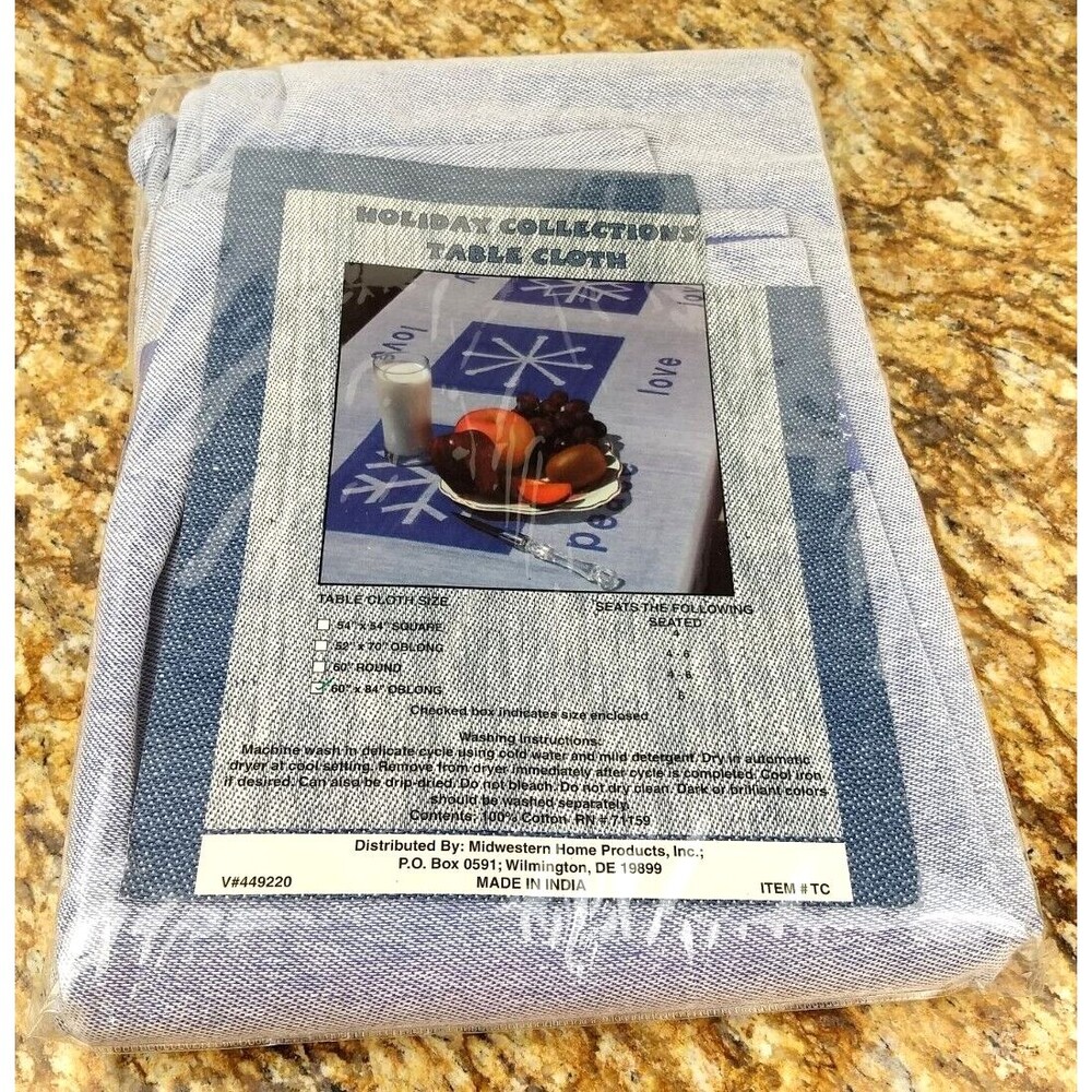NEW Heather Blue Cotton Tablecloth 60x84 Oblong Holiday Collections Peace‎ Love